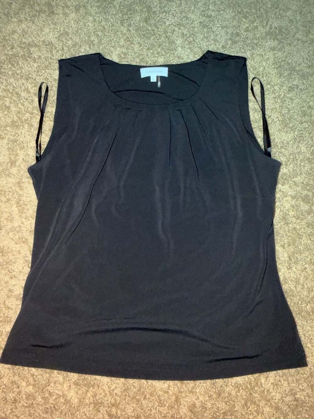 Calvin Klein Pleat-Neck Top Size L Black Sleeveless Blouse